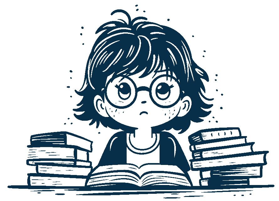 Unhappy, young woman reading a book, with two stacks of books beside her